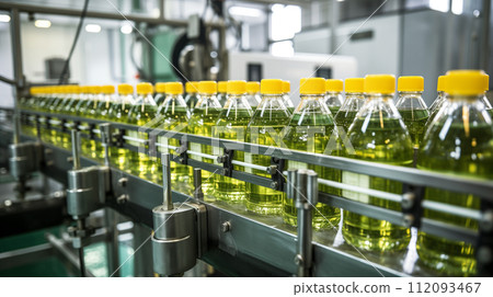State of art machinery expertly filling juice into plastic bottles at plant 112093467