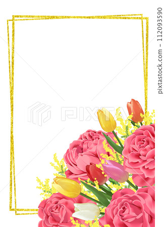 Bouquet of roses, tulips, and mimosa Gold leaf frame background Vertical Bouquet of roses, tulips, and mimosa Gold leaf frame background Vertical 112093590