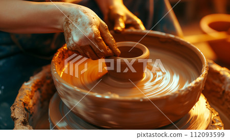 Artistic potter crafting matching ceramics in vibrant studio ambiance 112093599