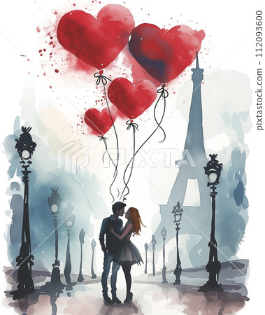 Romantic couple with heartshaped air balloons enjoying paris views, illustration 112093600