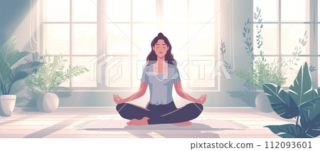 Serene woman meditating in minimalist setting, flat illustration 112093601