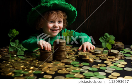 portrait little smiling caucasian boy in hat of leprechaun with a lot of coins 112093657