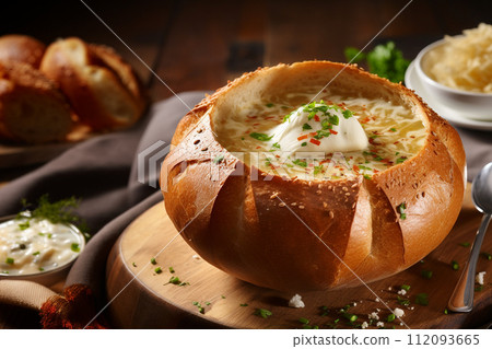 Polish cuisine with a delectable soup served in a freshly baked bread loaf. 112093665