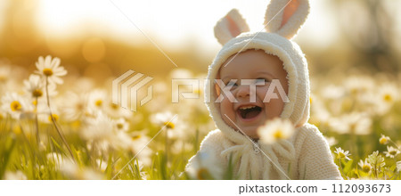 Joyful caucasian kid in easter bunny costume laughing in spring meadow 112093673