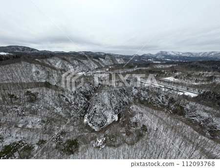 Aerial view of Naruko Gorge in midwinter with little snow Aerial view of Naruko Gorge in midwinter with little snow 112093768
