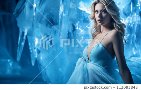 blonde hair woman in ice frost frozen room winter background with copy space 112093848