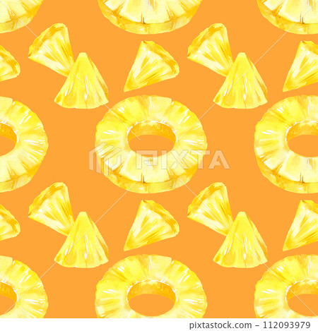 watercolor seamless pattern with pineapple, rings and slices of ripe pineapple, sketch of tropical fruit, hand drawn illustration, food illustration on vibrant orange background watercolor seamless pattern with pineapple, rings and slices of ripe pineapple, sketch of tropical fruit, hand drawn illustration, food illustration on vibrant orange background 112093979