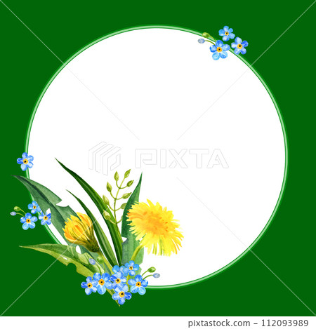watercolor round frame with summer yellow flowers blow ball, hand draw dandelions, forget me not flowers and leaves, herbs, sketch of spring yellow flowers on green background 112093989