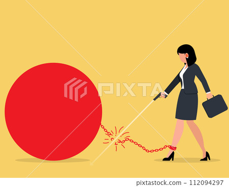 Financial freedom. Businesswoman breaking a chain with a gun 112094297