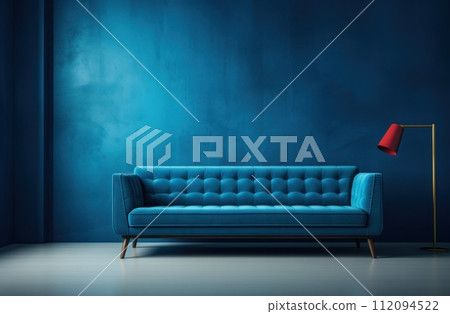 a blue couch next to blue walls 112094522