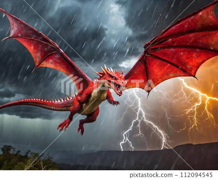 A dragon with red scales soars through a thunderstorm. A dragon with red scales soars through a thunderstorm. 112094545