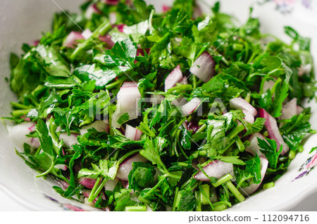 Chopped Parsley Salad with Onions in Ceramic Bowl Chopped Parsley Salad with Onions in Ceramic Bowl 112094716
