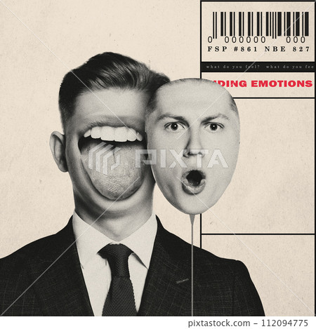 Male head with mouth and tongue sticking out and mask with shocked male face. Conceptual creative design. 112094775