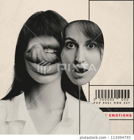 Changes in behavior. Woman expressing diversity of emotions, holding mask to hide hide real-self. Conceptual creative design. 112094785