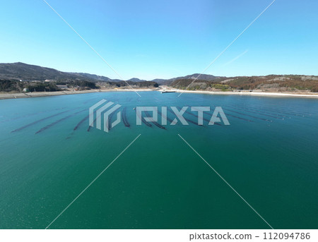 Aerial view of Shizugawa Bay fish farm Aerial view of Shizugawa Bay fish farm 112094786
