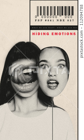 Female head with lips and mask with emotion of shock and excitement. Conceptual creative design. 112094788