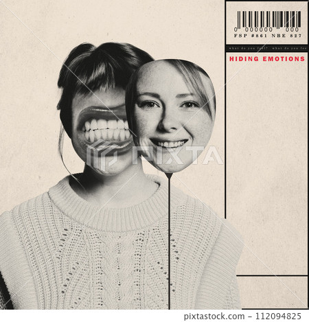 Dual personality issues. Female unhappy face with mask of smiling positive woman. Conceptual creative design. 112094825