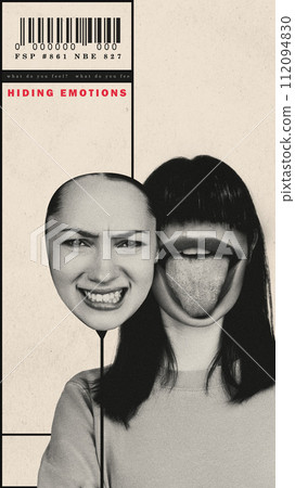 Themes of identity and the social mask. Split female face showing different emotions of fun and irritation. Conceptual creative design. Themes of identity and the social mask. Split female face showing different emotions of fun and irritation. Conceptual creative design. 112094830