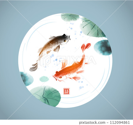 Black and red koi carps elegantly swimming in a tranquil pond. Symbolizing balance and beauty in nature. Hieroglyph - double luck. Black and red koi carps elegantly swimming in a tranquil pond. Symbolizing balance and beauty in nature. Hieroglyph - double luck. 112094861