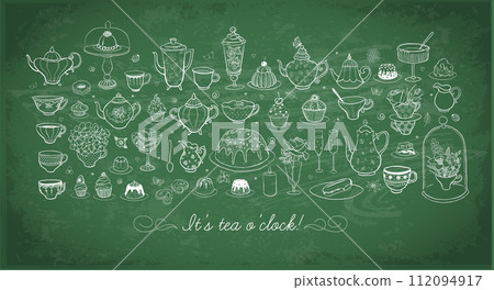 Doodles with tea party elements in old english style on blackboard background Doodles with tea party elements in old english style on blackboard background 112094917