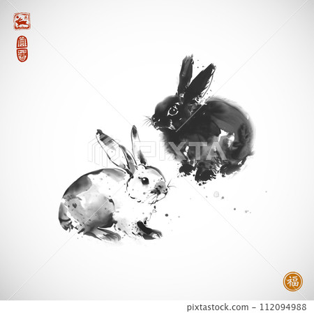 Ink painting of two rabbits. Traditional oriental ink painting sumi-e, u-sin, go-hua. Translation of hieroglyphs - well-being, rabbit 112094988