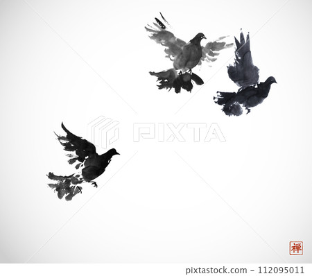 Three pigeons in the traditional Japanese sumi-e ink wash style on white background, conveying movement and grace. Translation of hieroglyph - zen Three pigeons in the traditional Japanese sumi-e ink wash style on white background, conveying movement and grace. Translation of hieroglyph - zen 112095011