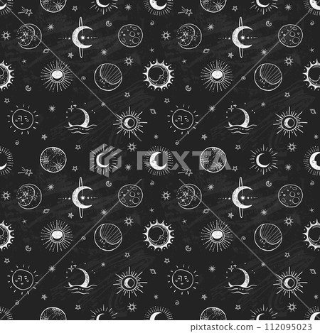 Seamless doodle-style pattern with hand-drawn stars and moons on blackboard. Ideal for backgrounds, textiles, wallpapers, packaging and scrapbooking Seamless doodle-style pattern with hand-drawn stars and moons on blackboard. Ideal for backgrounds, textiles, wallpapers, packaging and scrapbooking 112095023