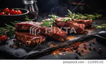 Smoked Ribs on Dark Stone with Rosemary. Generative Ai. 112095142