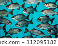 A pattern of striped fish arranged neatly against a teal background. Generative Ai. 112095182