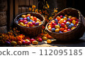 Wicker Baskets Full of Multicolored Easter Eggs. Generative Ai. 112095185