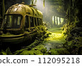 An overgrown bus lies abandoned in a lush forest, with nature reclaiming the once-occupied space. Generative Ai. 112095218