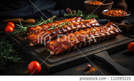 Savory Grilled Ribs with Spices on Cutting Board. Generative Ai. 112095220