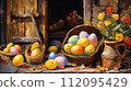 Rustic Easter Eggs in Baskets with Spring Flowers. Generative Ai. 112095429