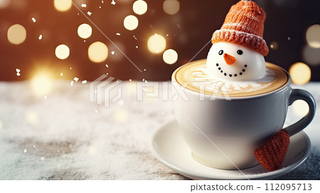 AI-generated content. Christmas cup of coffee with latte art, milk foam snowman. Cozy atmosphere. Holiday background with copy space. Christmas and New Year cappuccino coffee AI-generated content. Christmas cup of coffee with latte art, milk foam snowman. Cozy atmosphere. Holiday background with copy space. Christmas and New Year cappuccino coffee 112095713