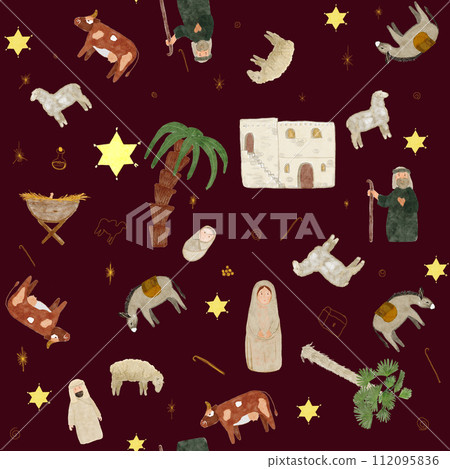 Watercolor Christmas nativity scene seamless multidirectional pattern on dark red background Watercolor Christmas nativity scene seamless multidirectional pattern on dark red background 112095836