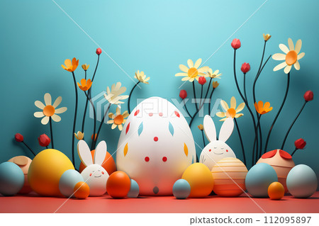 Spring banner with paper eggs, rabbits and flowers. Happy Easter banner. Easter poster and banner template with eggs and flowers on light blue background. AI generated 112095897