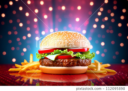 fresh tasty burger on white background. Delicious grilled burgers. Shiny festive background. AI generated 112095898