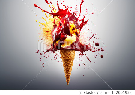 Red strawberry ice cream cone with swirl splash. Ads promo poster with icecream in waffle cup with yellow splashing sauce. Sweet creamy dessert, dairy frozen summer dessert. AI generated 112095932