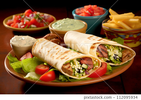 A scrumptious shawarma sandwich, filled with grilled meat, mushrooms, and cheese, nestled in a fresh roll of lavash (pita bread). AI generated 112095934