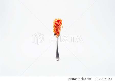 Pasta with ketchup on the fork on white background. Creative idea. creativity in food presentation. food blogs, recipe websites, cooking magazines, social media posts Pasta with ketchup on the fork on white background. Creative idea. creativity in food presentation. food blogs, recipe websites, cooking magazines, social media posts 112095935