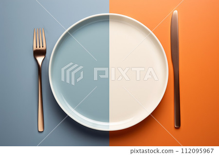 Blank plate with knife and fork on blue and orange background. Close up. Dining table. AI generated 112095967