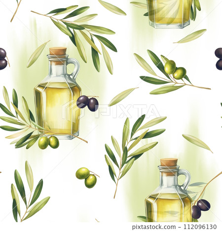 Seamless pattern with olive oil, olives and leaves. For print, design, textile and background. 112096130
