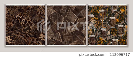 Brown camo patterns with tulle patches, beer, carnival masks. Dense composition with overlapping elements. For apparel, fabric, textile, sport goods design Brown camo patterns with tulle patches, beer, carnival masks. Dense composition with overlapping elements. For apparel, fabric, textile, sport goods design 112096717