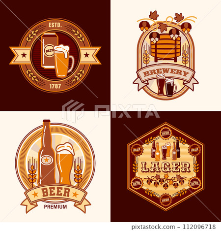 Set of beer logos in simple geometric style with barrel, beer bottles, glasses, barley spikes,. Icons, geometric shapes. Good for branding, decoration of food package, cover design, decorative prints Set of beer logos in simple geometric style with barrel, beer bottles, glasses, barley spikes,. Icons, geometric shapes. Good for branding, decoration of food package, cover design, decorative prints 112096718