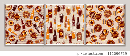 Seamless patterns with icons of beer bottle, cans, beer drink glasses, bottle caps, circular geometric shapes. Textured background. Good for branding, decoration of beer package. Simple flat style 112096719