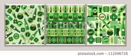 Patricks day seamless patterns with beer icons, symbols of holiday, geometric abstract shapes. For branding, decoration of beer package, cover design, decorative print. Simple flat style Patricks day seamless patterns with beer icons, symbols of holiday, geometric abstract shapes. For branding, decoration of beer package, cover design, decorative print. Simple flat style 112096726