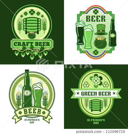 Set of beer logos for Patricks Day in simple geometric style with barrel, beer bottles, glasses, barley spikes,. Icons, geometric shapes. For branding, food package, cover design, decorative prints Set of beer logos for Patricks Day in simple geometric style with barrel, beer bottles, glasses, barley spikes,. Icons, geometric shapes. For branding, food package, cover design, decorative prints 112096728