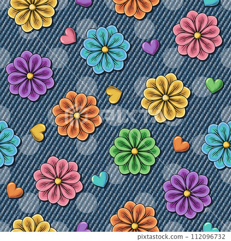 Pattern with scattered chamomile, small hearts, polka dot ornament behind. Blooming flowers on blue jeans texture. Groovy, hippie, naive style for apparel, fabric, textile, design Pattern with scattered chamomile, small hearts, polka dot ornament behind. Blooming flowers on blue jeans texture. Groovy, hippie, naive style for apparel, fabric, textile, design 112096732