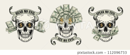 Labels with skull, cash money, 100 dollar bills, dollar sign, vintage ribbon. Creative interpretation of Three wise monkeys. Text See, hear, speak no evil. Corruption concept. White background. 112096733
