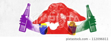 Funny muzzle of purebred dog with tongues sticking out and human hands holding beer bottles. Contemporary art collage. Funny muzzle of purebred dog with tongues sticking out and human hands holding beer bottles. Contemporary art collage. 112096811